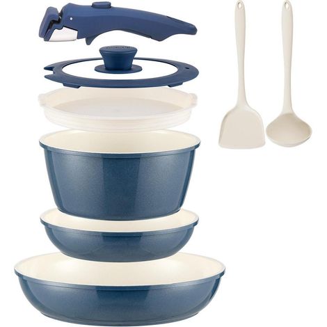 8-teiliges Keramik Pfannenset mit abnehmbarem Griff, Induktion, blau