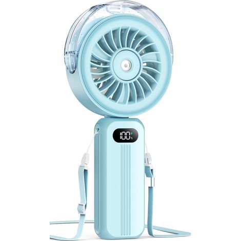 Ventilateur brumisateur portable, puissant à 4 vitesses élevées, rechargeable, petit ventilateur à main, 4000 mAh, fonctionne avec piles, pliable, cordon, refroidissement personnel pour (1/5)