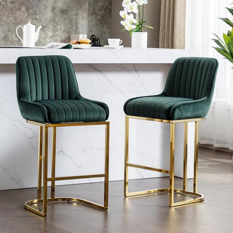 Wahson Tabouret de bar en velours vert – Lot de 2 – Coussin épais – Pieds en métal doré – Hauteur d'assise 67cm – Design contemporain, Vert (1/5)