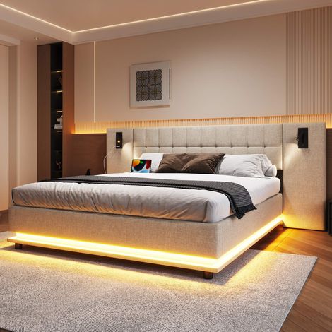Lit rembourré 180x200 cm beige, cadre de lit en lin avec LED, tête de lit avec spot lumineux et USB, design moderne, sans matelas (1/5)