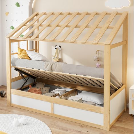 Letto per bambini 90x200 cm, con tetto e finestra, contenitore idraulico, vani laterali, legno, bianco naturale (1/5)