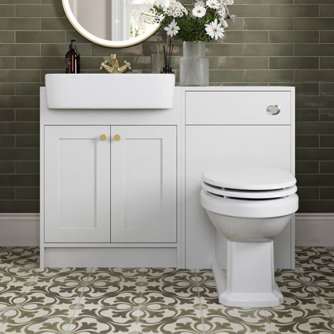 1120mm Bathroom Vanity Unit BTW Toilet Basin Freestanding Soft Close Traditional Brass Handles, White (1/5)