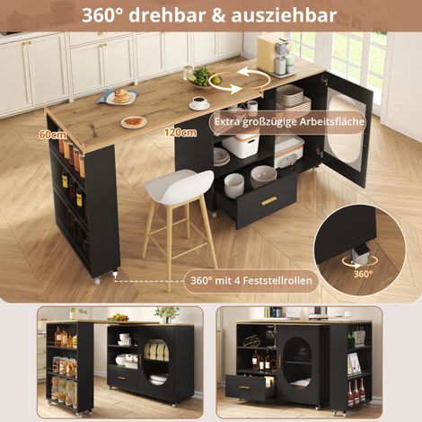 Isla de cocina móvil con encimera giratoria 360°, 120-180 x 60 x 90 cm, MDF y metal (1/2)