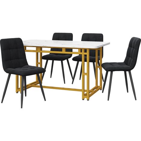 Conjunto de mesa de comedor 120 x 70 cm con 4 sillas negras de terciopelo y patas metálicas doradas (1/5)