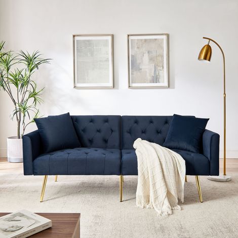 Canapé 2 places en velours bleu, dossier réglable 3 positions, 2 coussins inclus, pieds en métal doré, canapé compact (1/5)