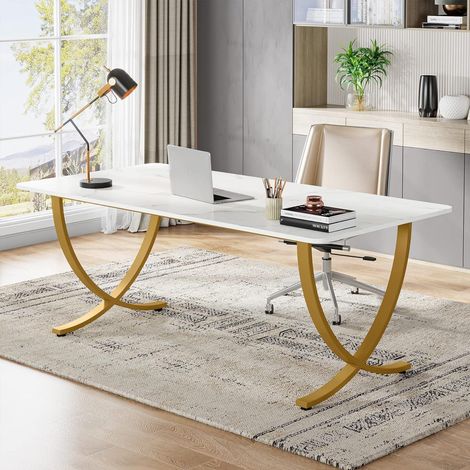 Schreibtisch mit Kunstmarmorplatte und Metallbeinen, 160x80cm, Weiß & Gold (1/5)