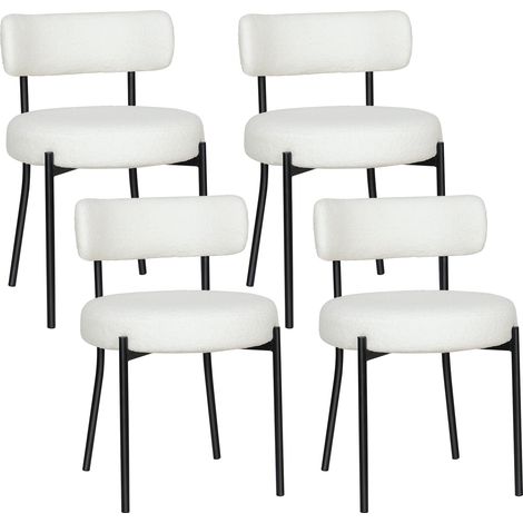 Puluomis – Lot de 4 chaises de salle à manger en velours Teddy – Coussin épais 10 cm – Pieds en métal noir réglables – Style rétro moderne – Blanc (1/5)