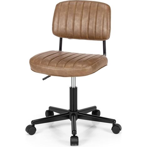 COSTWAY PU Leather Office Chair, Ergonomic Swivel Computer Desk Chair with Wheels, Height Adjustable Mid-Back Padded Armless Executive Task Chairs (Brown) (1/5)