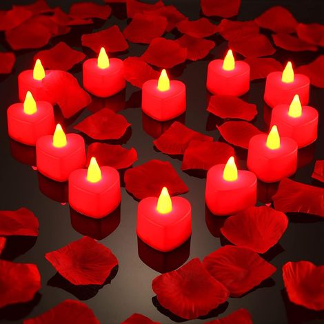 12 Pièces LED Bougies Chauffe-Plat Forme de Cœur LED Bougies d’Amour avec 200 Pétales de Rose en Soie Fausses Pétales de Dispersion pour Saint-Valentin (Lumière Rouge, Pétale Rouge) (1/5)