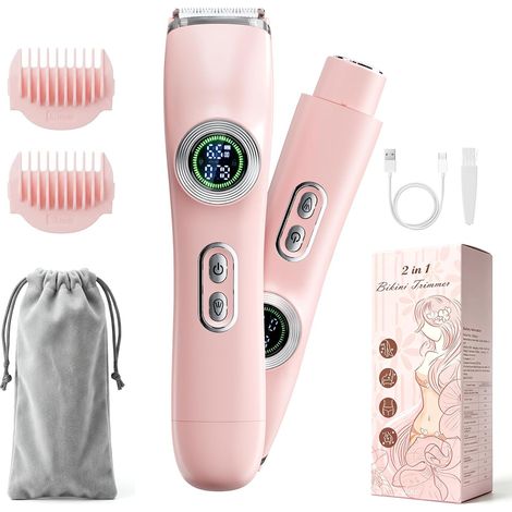 Women's 2-in-1 Electric Shaver, Intimate Hair Clipper, Dry/Wet, Pink Women's Shaver with LED Display, Women's Electric Hair Remover, Women's Bikini Trimmer for Face, Legs, Underarms, Bikini (1/5)