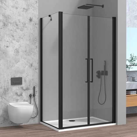 Box doccia angolare 70x80 con apertura saloon in vetro temperato trasparente con profili nero opaco Neos
