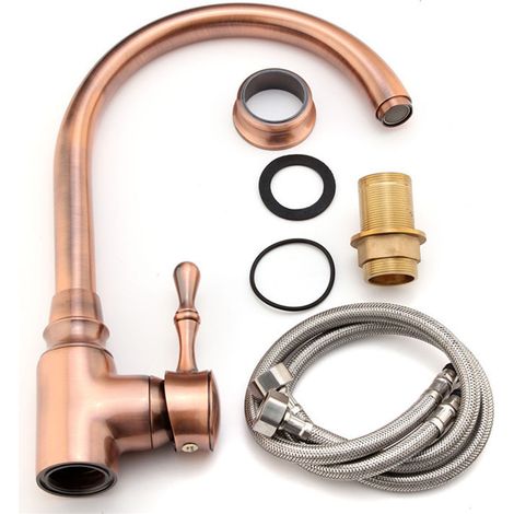 Robinet de cuisine pivotant pour eau chaude et froide avec tuyau d'arrivée d'eau, finition bronze antique rouge. (1/5)