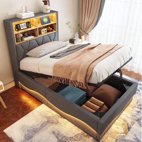 Cama infantil tapizada en lino gris 90x200 cm, estructura metálica, almacenamiento hidráulico, LED y USB (1/5)