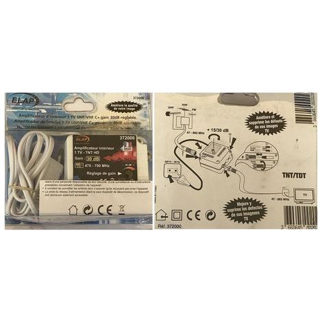 AMPLIFICATEUR INTERIEURE 1TV UHF/VHF/ C+ GAIN 30DB REGLABLE REF372000 ELAP HDME