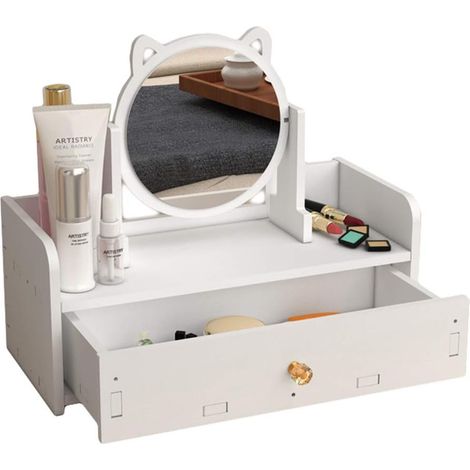 Organizador de cosméticos con espejo, espacio para maquillaje y joyas, HBT 15x14x32 cm, caja con cajones de PVC, blanco