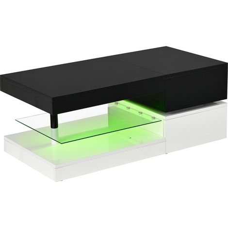 Tavolino da caffè moderno LED con APP e Bluetooth, piano in vetro, finitura lucida, nero bianco (1/5)