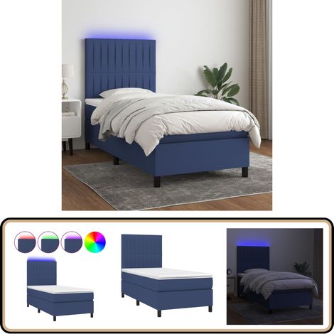Sommier à lattes de lit avec matelas et LED Bleu 80x200cm Tissu - Sommier Tapissier - Lit Bleu - Matelas Ressort Ensaché - LED - Chambre À Coucher