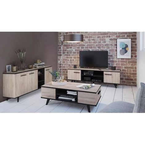 Ensemble meuble TV table basse buffet – Mélaminé noir mat – Chêne brossé – Style scandinave – 3 portes 2 tiroirs – À monter soi-même – Demeyere (1/6)
