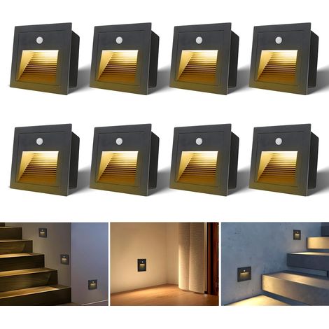 8er 3W LED Lumière d'Escalier avec Détecteur de mouvement 3000K IP44 Encastré Mural Lampe d'éclairage des marches, Spot LED intérieur, noir, alu, 230V, Pas la taille standard 60mm