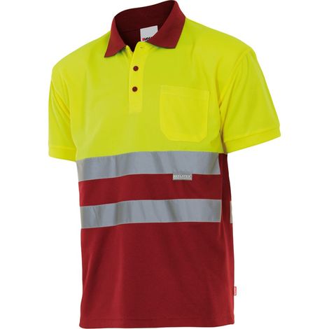 Polo bicolor alta visibilidad de manga corta y cuello de canalé VELILLA Serie 173 M Rojo / Amarillo flúor