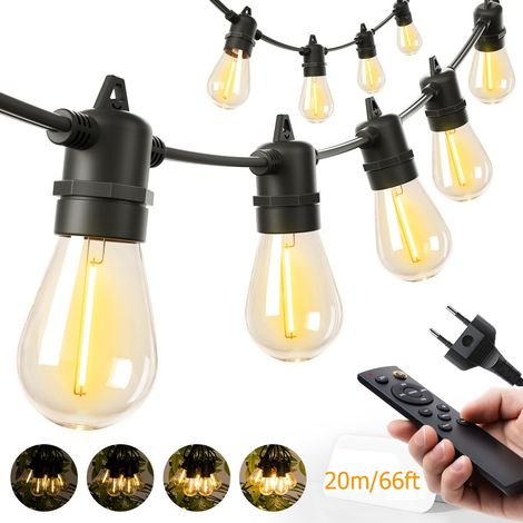 Guirlande lumineuse d'extérieur de 20 m, luminosité réglable, avec 32 ampoules S14, IP65, prise UE, pour les terrasses de jardin, lumière blanc chaude (1/5)