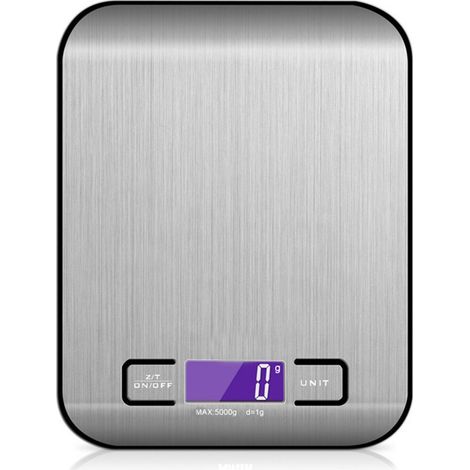 Balance De Cuisine - Affichage LCD Rétroéclairé - Précision 1 G - Conversion Unités G/Oz/Fl Oz/Ml/Lb:Oz - Fonction Tare - Acier Inoxydable - Rechargeable - 1 Pièce (1/5)