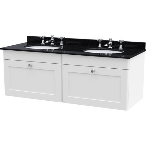 Swynnerton Traditional 2 Drawer Wall Hung Vanity Unit with Double Marble Basin, Satin White, 1200mm
