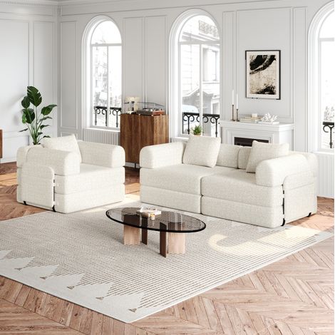 Sofá cama 2 en 1 beige de chenilla con almacenaje en reposabrazos y estructura de acero (1/5)