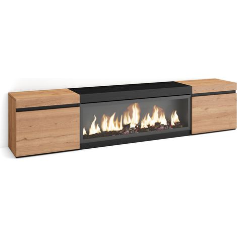 Skraut Home – Meuble TV avec cheminée électrique XXL – Grand espace de rangement 208x35x45cm – Pour TV jusqu'à 80" – Style moderne chêne noir (1/5)