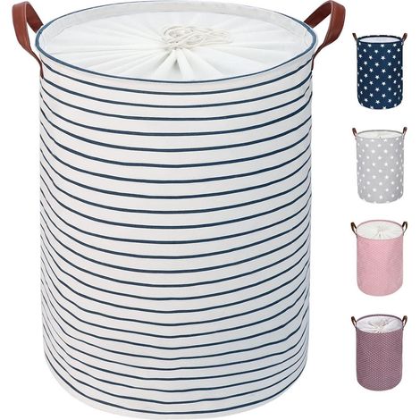 Panier à linge rond pliable 45 cm coton doublé imperméable avec poignées cuir et cordon de serrage (1/5)