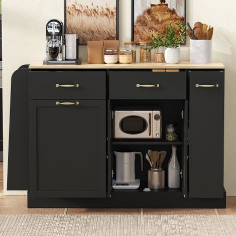 Buffet moderne à tiroirs multiples — Meuble de rangement pratique avec compartiment intégré pour poubelle et porte-épices extérieur — Pour salles à manger, salons et cuisines (Noir)