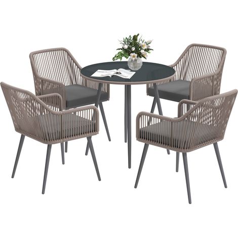Outsunny 4 Seater Rattan Dining Set, Rattan Garden Furniture Set with Parasol Hole, Outdoor Dining Table and Chairs Set with Cushions, Round Glass Top Table for Patio, Balcony, Light Brown