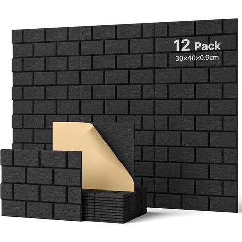 Panneaux Acoustiques Autocollant Noir Lot de 12 Pièces Rectangulaires, Type de Brique, pour Traitement Acoustique et Décoration Murale, 30×40×0,9cm (1/5)