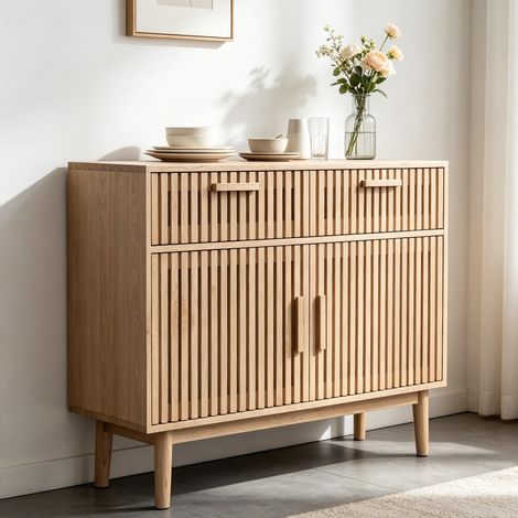 Buffet en bois massif – vitrine – matériau en bois massif – très grand espace de rangement – design nordique (1/5)