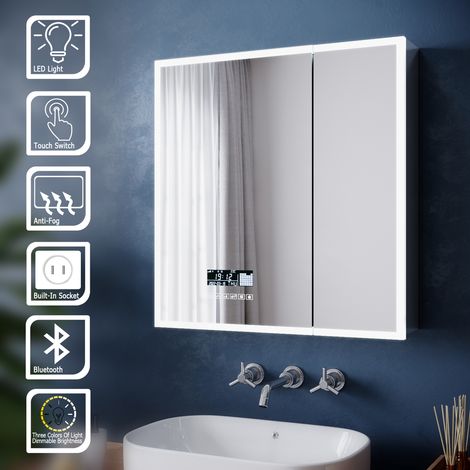ELEGANT Bathroom LED Mirror Cabinet with Light 2 Door Soft Close Bathroom Wall Mounted Cabinet with Shaver Socket Bluetooth Anti Fog Adjustable Light and Color Temperature 600x630x125mm (1/5)