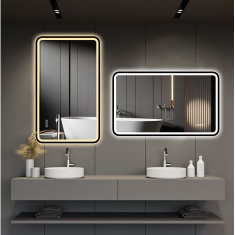 Miroir LED salle de bain 100x60 cm en aluminium noir, anti-buée, dimmable, moderne FloraGrace (1/5)