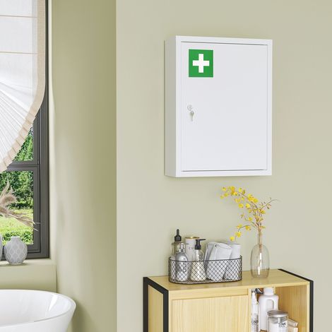 Armoire à pharmacie blanche verrouillable à 3 niveaux en acier, fixée au mur, avec 2 clés et étagères pour l'organisation de la salle de bain (1/5)