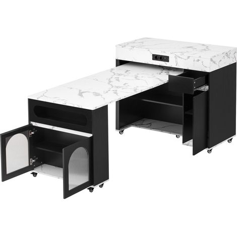 Isla de cocina con ruedas extensible en MDF negro con encimera efecto mármol y enchufes (1/5)
