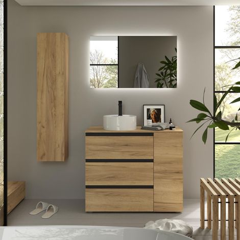 Meuble de salle de bain BEQUIA PLUS 3C 90cm Chêne Vasque à poser Porcelaine Côté réversible 1P (1/5)