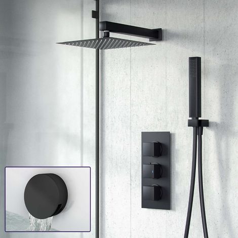 Temel 3-Way Thermostatic Mixer Valve and 200 mm Square Shower Head, Handheld and Bath Filler Waste Matte Black Set (1/5)