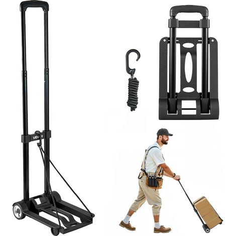 Diable Pliant 2 Roues, Chariot à Bagages Pliable, Capacité de Charge 49,9 kg, avec 1 Corde Élastique, Chariot Utilitaire à Plateforme pour Déménagement, Manutention, à l'Aéroport, Bureau, Noir (1/5)