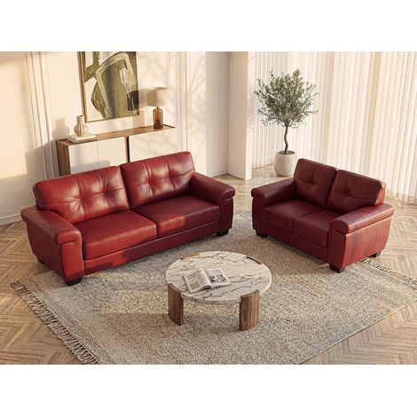 Vente-Unique – Canapé convertible 3 places en cuir de vachette HAZEL – Rouge – Largeur 207 cm – Confort d'assise équilibré – Charge max 360 kg (1/5)