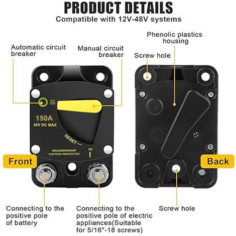 Ortviai Disjoncteur automatique 12-48 V CC avec réinitialisation manuelle, 150 A, pour camping-car, bateau, moteur de pêche et systèmes solaires (1/4)