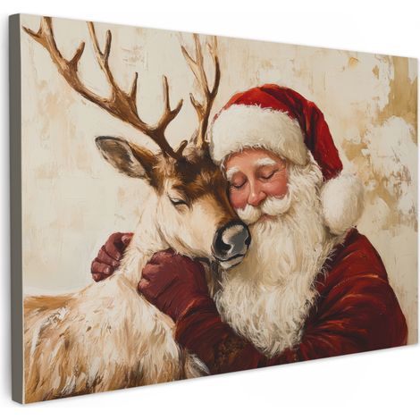 TABLEAU SUR TOILE Père Noël - Renne - Noël Tableau Cuisine Décoration murale 90x60 cm