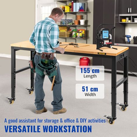 Établi Garage Atelier Table de Travail 155x51x105 cm Hauteur Réglable 80-105 cm, Établi Plateau en Bois Chêne Cadre en Acier, Établ… (1/5)