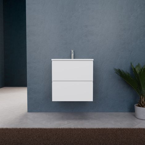 Inda - Badezimmerschrank B.60 mit mattem Waschbecken / Mattweiß 2 Schubladen - Rubin