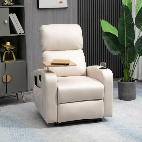 Poltrona massaggiante reclinabile con tablet, tasche laterali e telecomando, poltrona TV per soggiorno e camera da letto, tessuto in microfibra beige