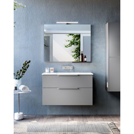 Mueble de Baño Suspendido con Lavabo Cerámico 2 cajones con Cierre Amortiguado y Organizador 80 cm Mist Mate - Cromo (1/5)