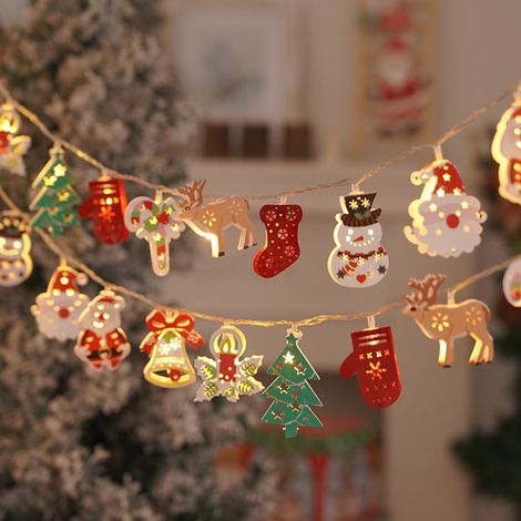 Guirlande lumineuse de Noël à piles, pendentifs en fer découpé : Père‑Noël, bonhomme de neige, cerf, botte, cloche et sapin, lumière chaude, décoration pour cheminée fenêtre intérieur, longueur 3 m (1/5)