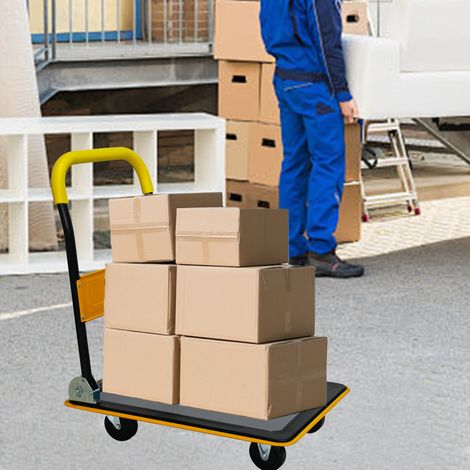 Carro de plataforma plegable, carga 150 kg, ruedas giratorias 360°, acero, amarillo (1/5)